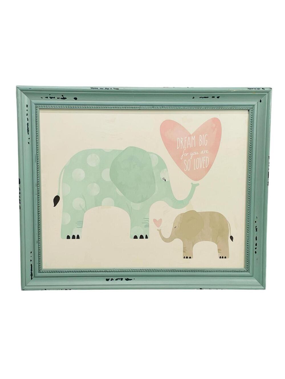 Hobby Lobby Art Teal Wooden Frame with Painted Elephants Mama/Baby 16" x 13"